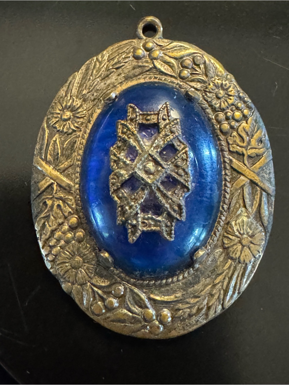 Vintage Brass Floral Medallion Pendant with Cobalt Blue Glass Cabochon